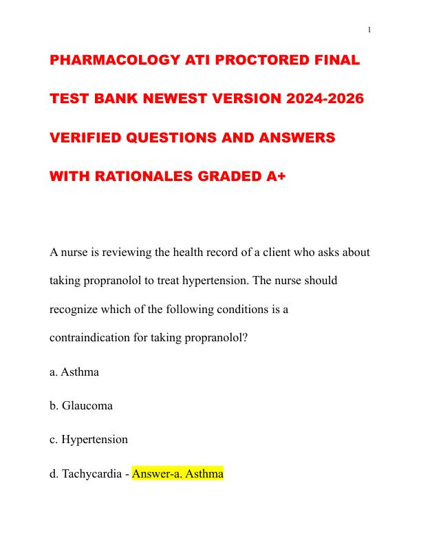 PHARMACOLOGY ATI PROCTORED FINAL TEST