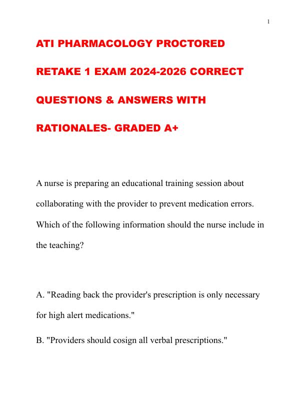 ATI PHARMACOLOGY PROCTORED RETAKE 1