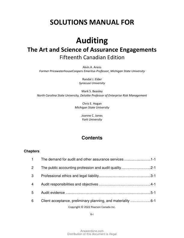 Solution Manual For Auditing The Art and Science of Assurance Engagements Canadian Edition,15th Edition by Alvin A. Arens Randal J. Elder, Mark S. Beasley,Chris E. Hogan Joanne C. Jones Chapter 1-20