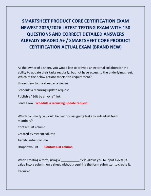 SMARTSHEET PRODUCT CORE CERTIFICATION EXAM NEWEST 2025