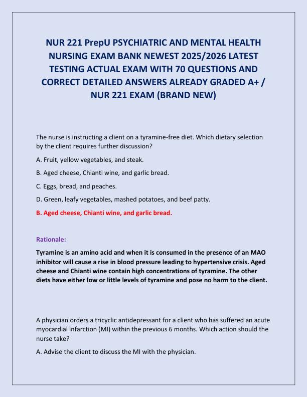 NUR 221 PrepU PSYCHIATRIC AND MENTAL HEALTH NURSING EXAM BANK NEWEST 2025
