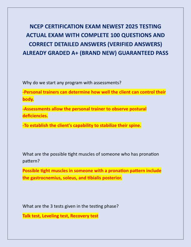 NCEP CERTIFICATION EXAM NEWEST 2025 TESTING ACTUAL EXAM WITH COMPLETE 100 QUESTIONS AND CORRECT DETAILED ANSWERS