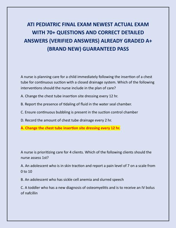 ATI PEDIATRIC FINAL EXAM NEWEST ACTUAL EXAM WITH 70
