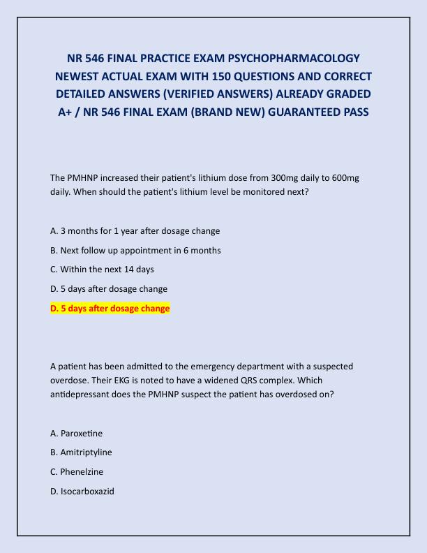 NR 546 FINAL PRACTICE EXAM PSYCHOPHARMACOLOGY NEWEST ACTUAL EXAM WITH 150 QUESTIONS AND CORRECT DETAILED ANSWERS