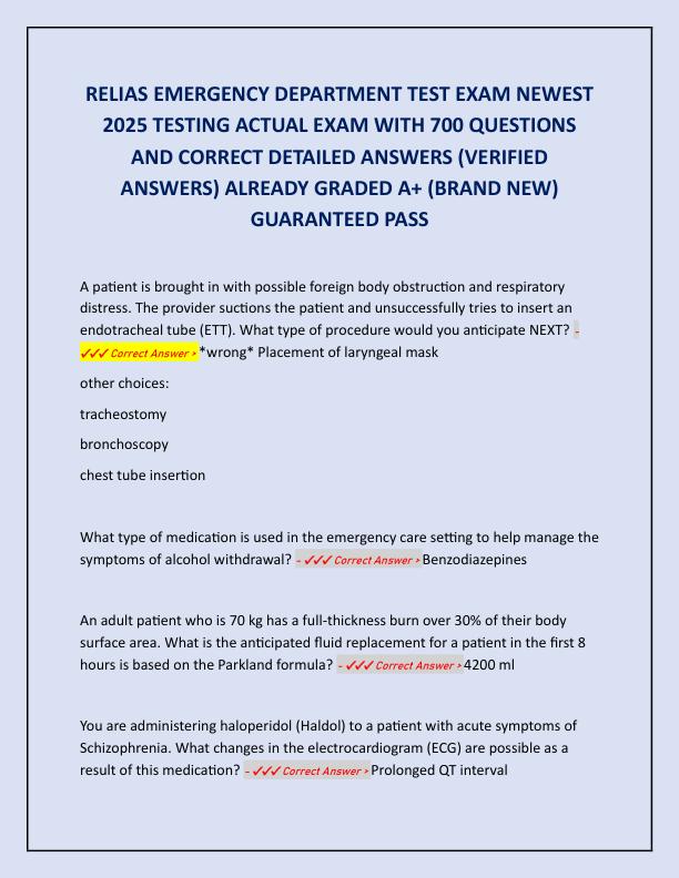 RELIAS EMERGENCY DEPARTMENT TEST EXAM NEWEST 2025 TESTING ACTUAL EXAM WITH 700 QUESTIONS AND CORRECT DETAILED ANSWERS