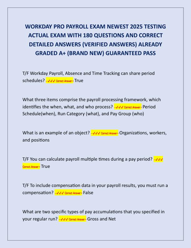 WORKDAY PRO PAYROLL EXAM NEWEST 2025 TESTING ACTUAL EXAM WITH 180 QUESTIONS AND CORRECT DETAILED ANSWERS
