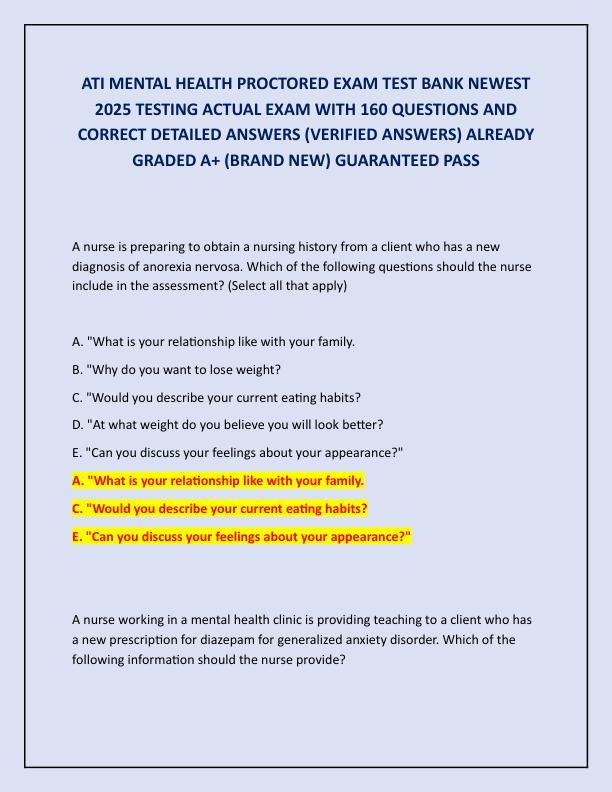 ATI MENTAL HEALTH PROCTORED EXAM TEST BANK NEWEST 2025 TESTING ACTUAL EXAM WITH 160 QUESTIONS AND CORRECT DETAILED ANSWERS