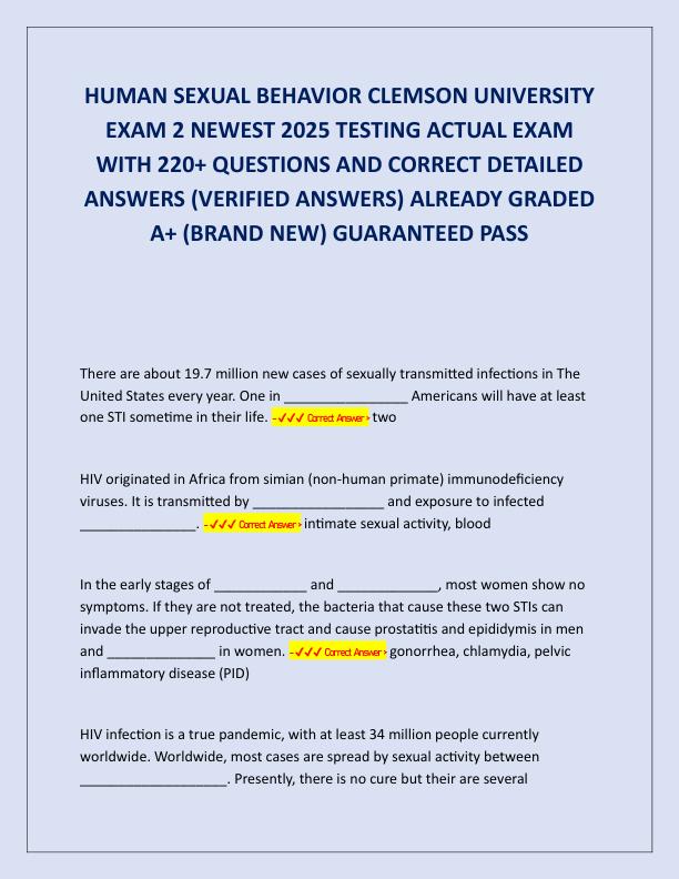 HUMAN SEXUAL BEHAVIOR CLEMSON UNIVERSITY EXAM 2 NEWEST 2025 TESTING ACTUAL EXAM WITH 220