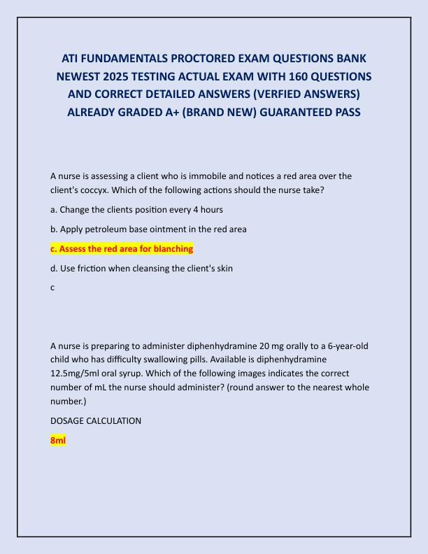 ATI FUNDAMENTALS PROCTORED EXAM QUESTIONS BANK NEWEST 2025 TESTING ACTUAL EXAM WITH 160 QUESTIONS AND CORRECT DETAILED ANSWERS