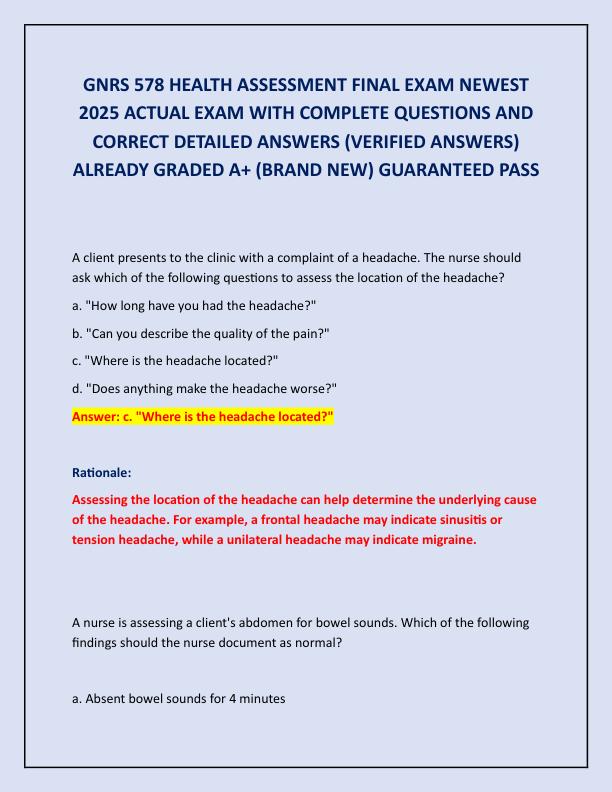 GNRS 578 HEALTH ASSESSMENT FINAL EXAM NEWEST 2025 ACTUAL EXAM WITH COMPLETE QUESTIONS AND CORRECT DETAILED ANSWERS