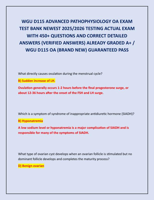 WGU D115 ADVANCED PATHOPHYSIOLOGY OA EXAM TEST BANK NEWEST 2025