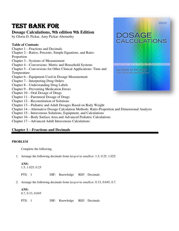 Test Bank for Dosage Calculations 9th Edition by Gloria D. Pickar, Amy Pickar-Abernethy Chapter 1-17
