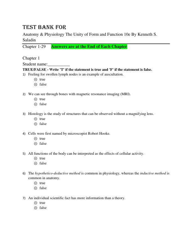 Test Bank for Anatomy & Physiology The Unity of Form and Function 10th edition By Kenneth S. Saladin Chapter 1-29