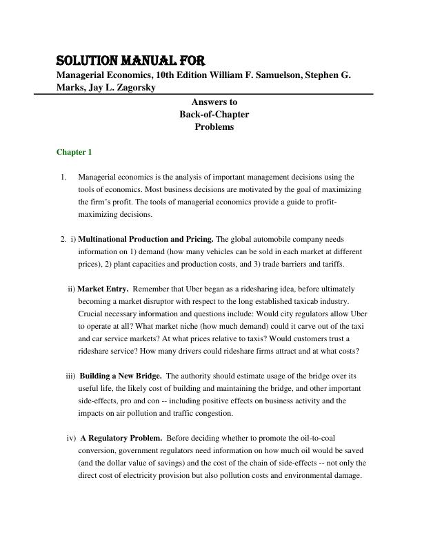 Solution Manual For Managerial Economics, 10th Edition by William F. Samuelson, Stephen G. Marks, Jay L. Zagorsky
