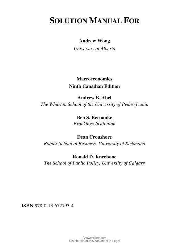 Solution Manual For Macroeconomics, Canadian Edition, 9th Edition by Andrew B. Abel, Ben S. Bernanke, Dean Croushore, Ronald D. Kneebone Chapter 1-15