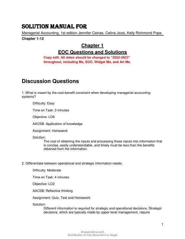 Solution Manual For Managerial Accounting, 1st Edition by Jennifer Cainas, Celina Jozsi, Kelly Richmond Pope Chapter 1-12 s