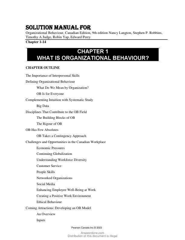 Solution Manual For Organizational Behaviour, Canadian Edition, 9th Edition by Nancy Langton, Stephen P. Robbins, Timothy A Judge, Robin Yap, Edward Perry Chapter 1-14