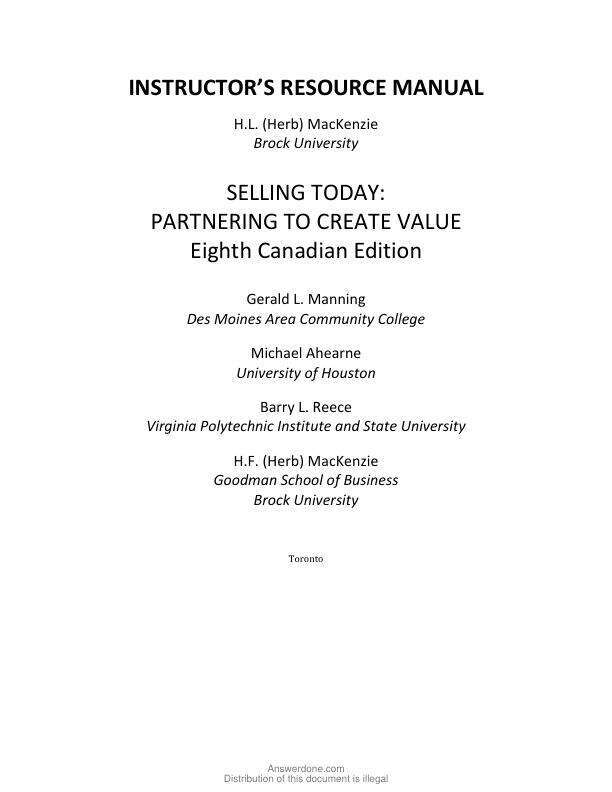 Solution Manual For Selling Today Partnering to Create Value, Canadian Edition, 8th Edition by Chapter 1-17