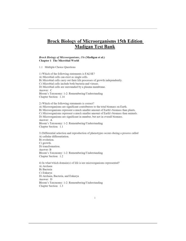 Test Bank for Brock Biology of Microorganisms 15th Edition Madigan