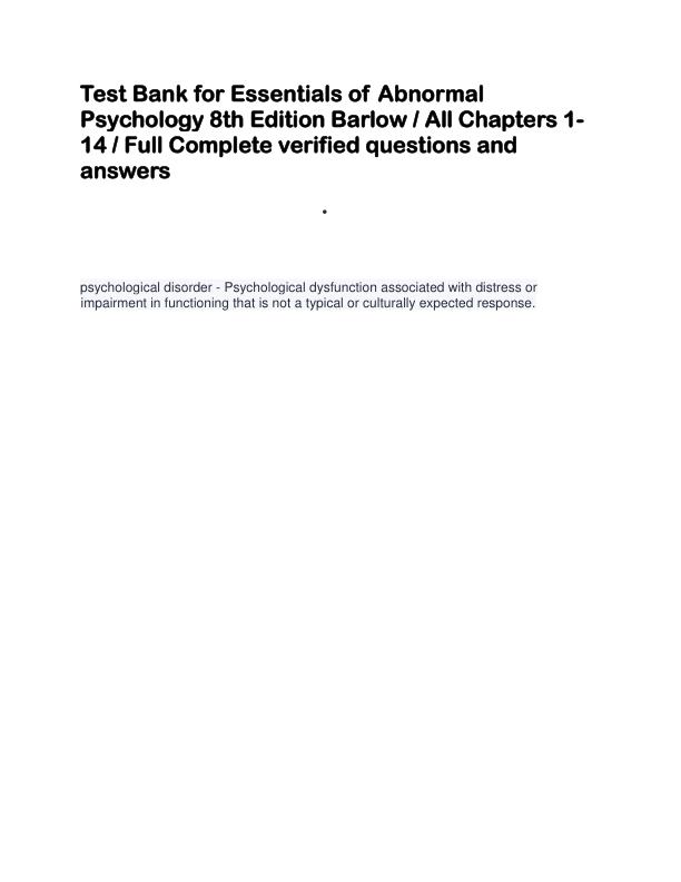 Test Bank for Essentials of Abnormal Psychology 8th Edition Barlow