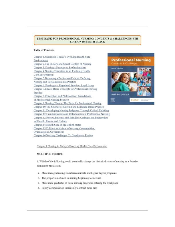 TEST BANK FOR PROFESSIONAL NURSING CONCEPTS & CHALLENGES, 9TH EDITION BY BETH BLACK