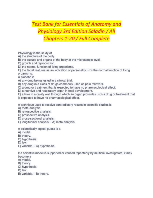 Test Bank for Essentials of Anatomy and Physiology 3rd Edition Saladin