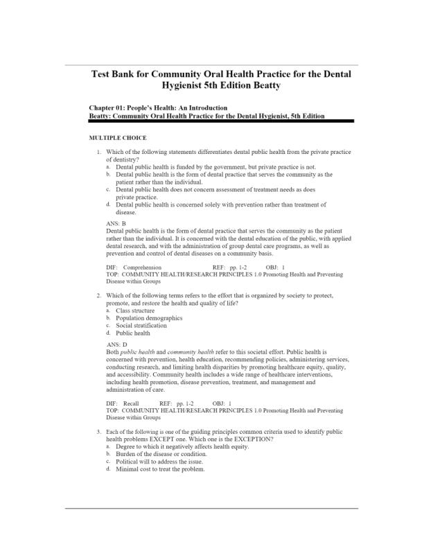 Test Bank for Community Oral Health Practice for the Dental Hygienist 5th Edition Beatty  All Chapters 1-11