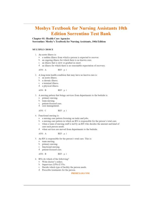 Mosbys Textbook for Nursing Assistants 10th Edition Sorrentino Test Bank Questions and Answers Grade A+