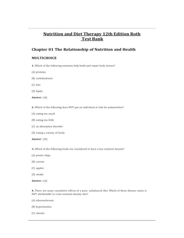 Test Bank for Nutrition and Diet Therapy 12th Edition 2024Roth