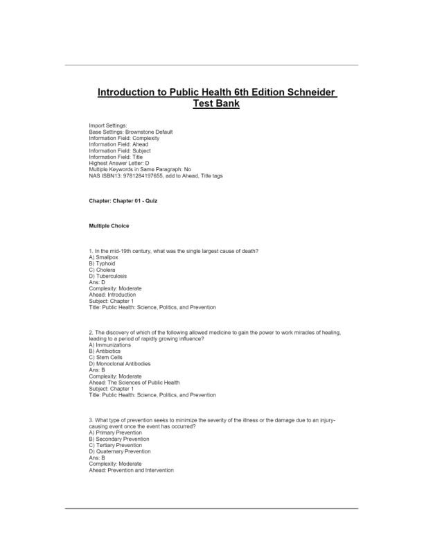 Test Bank for Introduction to Public Health 6th Edition Schneider