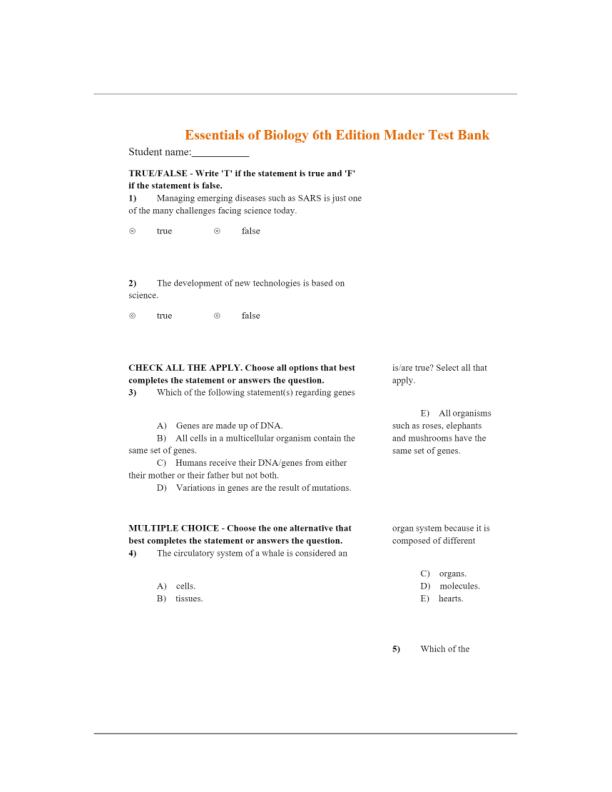 Test Bank for Essentials of Biology 6th Edition Made
