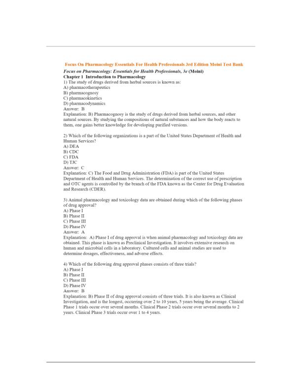 Test Bank for Focus On Pharmacology Essentials For Health Professionals 3rd Edition Moin