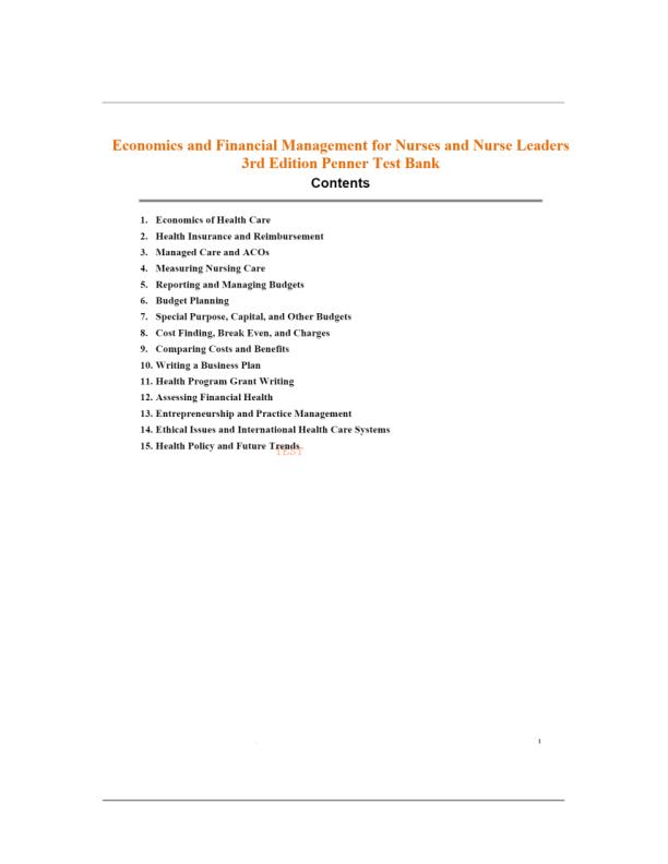Test Bank for Economics and Financial Management for Nurses and Nurse Leaders 3rd Edition Penner