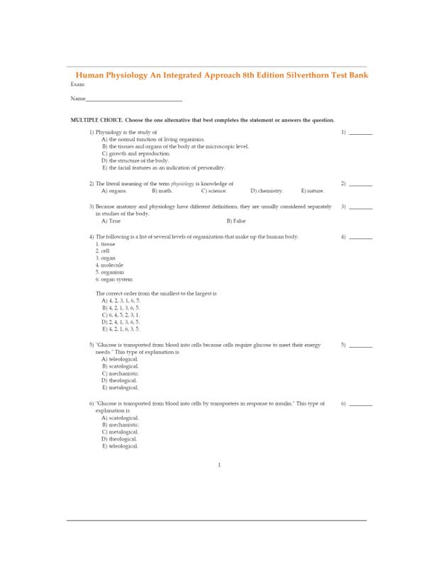 Human Physiology An Integrated Approach 8th Edition Silverthorn Test Bank Chapter 1 - 26  Updated Guide
