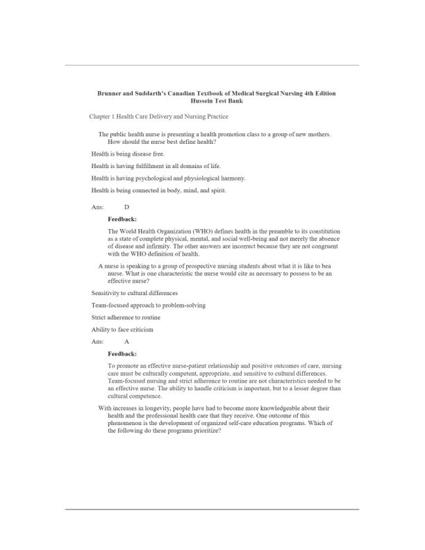 Brunner And Suddarth’s Canadian Textbook Of Medical Surgical Nursing 4th Edition Hussein Test Bank
