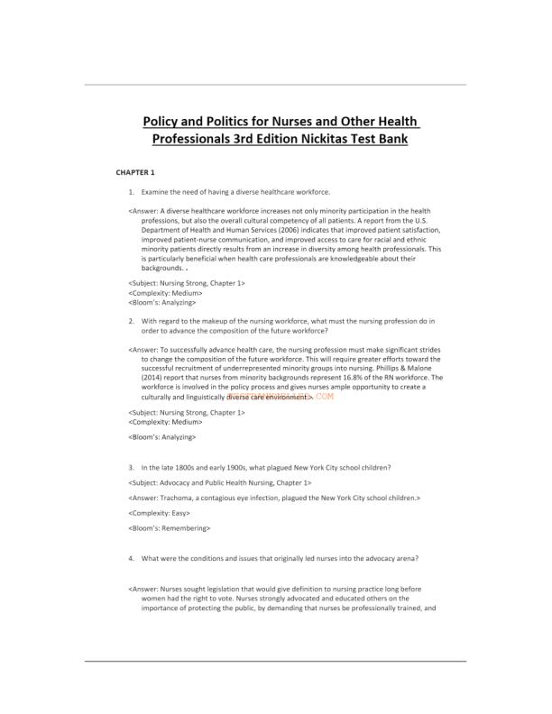 Test Bank for Policy and Politics for Nurses and Other Health Professionals 3rd Edition 2024 Nickitas