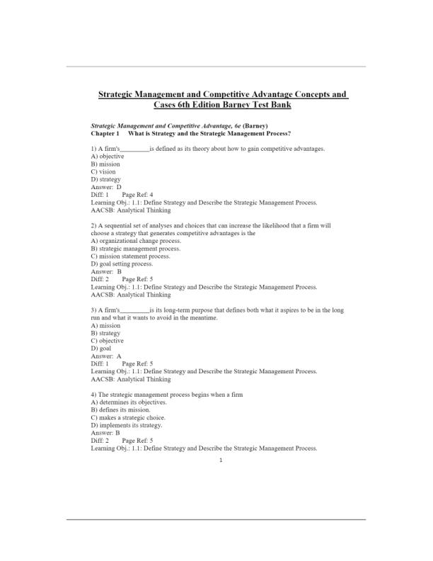 Test Bank for Strategic Management and Competitive Advantage Concepts and Cases 6th Edition Barne