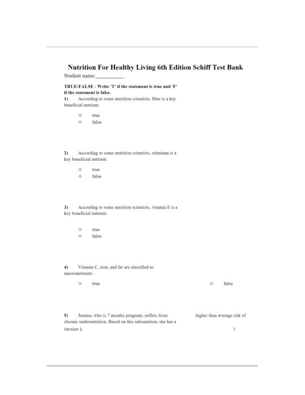 Test Bank for Nutrition for Health and Health Care, 8th Edition by DeBruyne Pinna