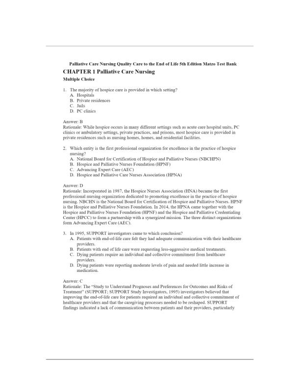Palliative Care Nursing Quality Care to the End of Life 5th Edition Matzo Test Bank Chapter 1 - 28 Updated Guide
