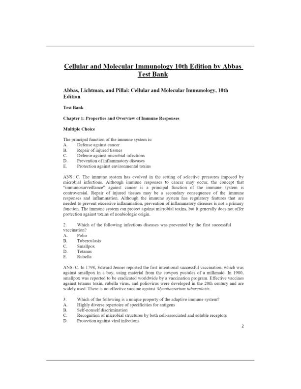 Test Bank for Cellular and Molecular Immunology 10th Edition by Abbas