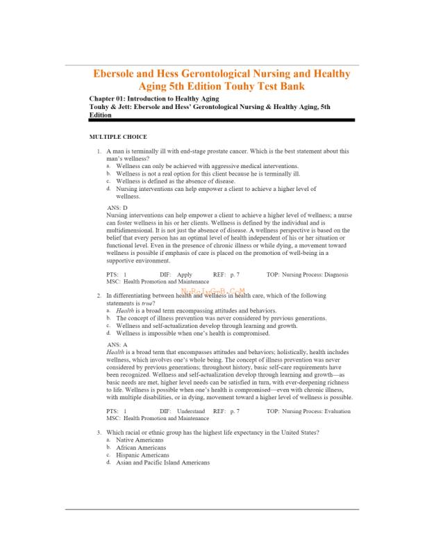 Test Bank for Ebersole and Hess Gerontological Nursing and Healthy Aging 5th Edition Touhy