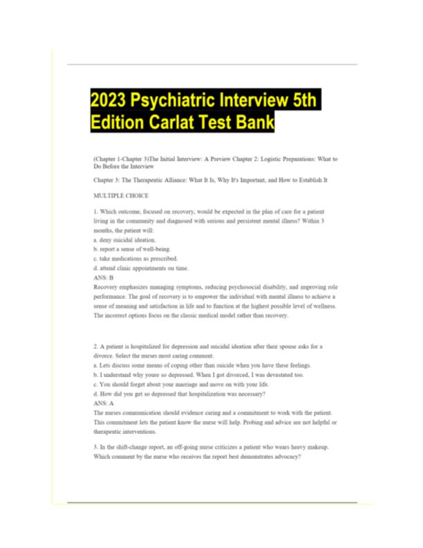 The Psychiatric Interview 4th Edition Carlat Test Bank ALL CHAPTERS INCLUDED LATEST UPDATE