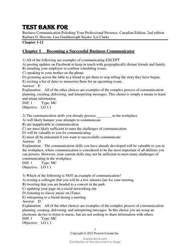 Test Bank For Business Communication Polishing Your Professional Presence, Canadian Edition, 2nd Edition by Barbara G. Shwom, Lisa Gueldenzoph Snyder, Liz Clarke Chapter 1-12