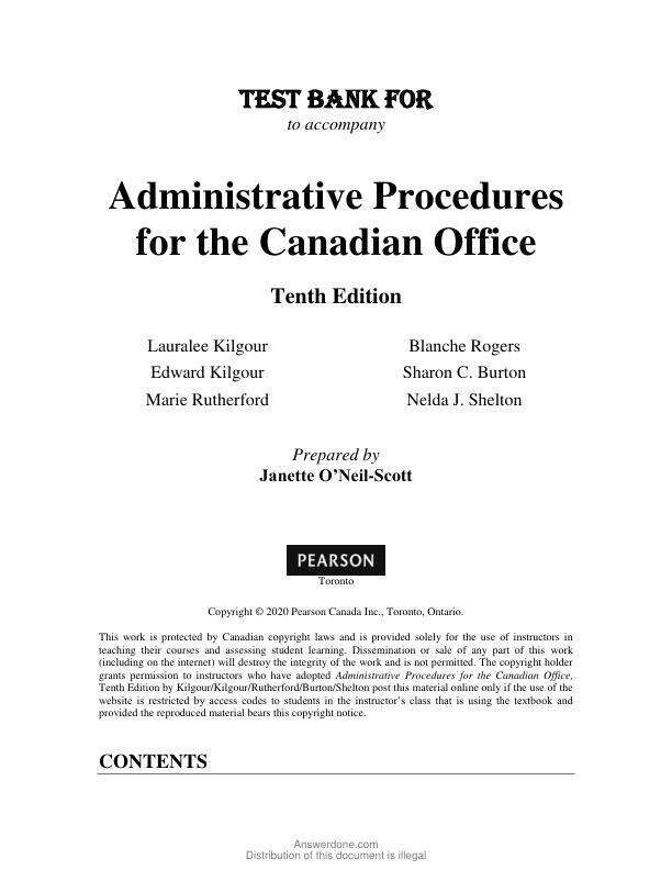 Test Bank For Administrative Procedures for the Canadian Office, 10th Edition by Lauralee Kilgour, Edward Kilgour, Marie Rutherford, Sharon C. Burton, Nelda J. Shelton