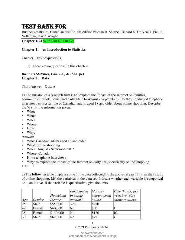 Test Bank For Business Statistics, Canadian Edition, 4th Edition by Norean R. Sharpe, Richard D. De Veaux, Paul F. Velleman, David Wright Chapter 1-24 and Part(I II III IV)