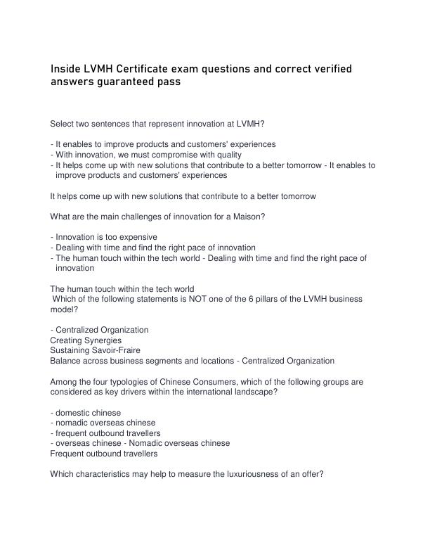 Inside LVMH  Certificate  exam questions and correct verified answers g