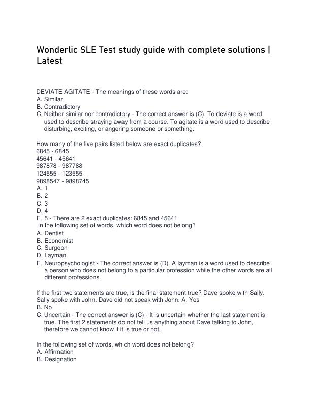 Wonderlic SLE Test study guide with complete so