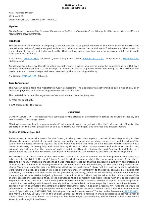 Hattingh v Rex (1929) 50 NPD 105