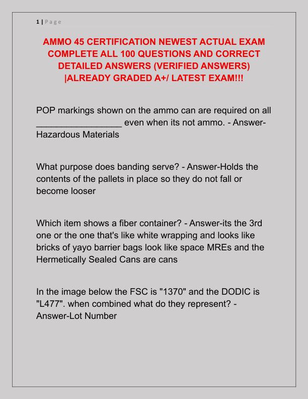 AMMO 45 CERTIFICATION NEWEST ACTUAL EXAM COMPLETE ALL 100 QUESTIONS AND CORRECT DETAILED ANSWERS