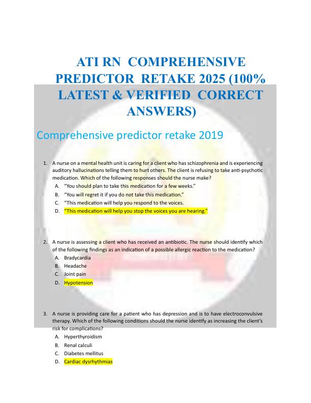 ATI RN  COMPREHENSIVE  PREDICTOR  RETAKE 2025 (100% LATEST & VERIFIED  CORRECT ANSWERS)